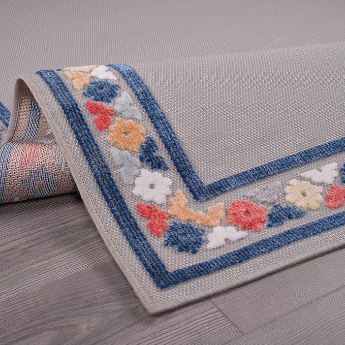 Beverly Rug Outdoor Runner Rug 2x7 Modern Floral Bordered Area Rugs for Indoor and Outdoor Patio Easy to Clean Non Shedding Living Room Porch Garden Washable Outside Carpet (2 x 7 Gray)-Ruum Studio Home
