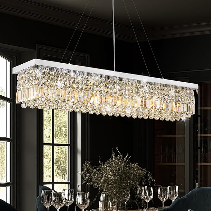 Rectangle K9 Crystal Chandelier,10 Lights Modern Rectangular Hanging Ceiling Pendant Light Fixture for Dining Room Kitchen Island,Polished Chrome Finish L47''xW10''xH10''-Ruum Studio Home