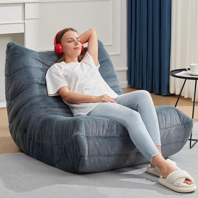 Bean Bag Chairs for Adults Giant Bean Bag Chair Memory Foam BeanBag Chair Big Bean Bag Sofa with Filler Faux Fur Fireside Beanbags Lazy Sofa for Living Room Bedroom Dorm Office (Bluegrey Plush)-Ruum Studio Home
