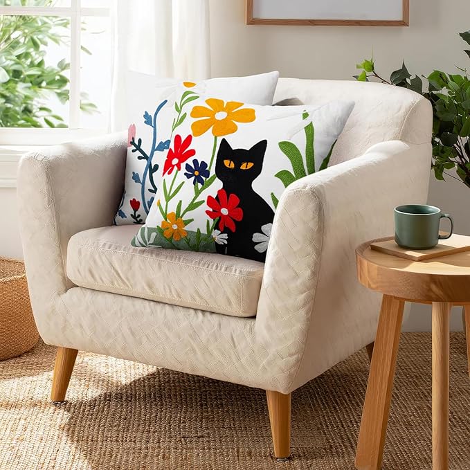 Merrycolor Embroidered Pillow Covers 18x18 Black Cat and Flower Pattern Halloween Decorative Throw Pillow Covers Comfortable Cotton Canvas Square Couch Cushion Cases for Sofa Bed Living Room Decor-Ruum Studio Home