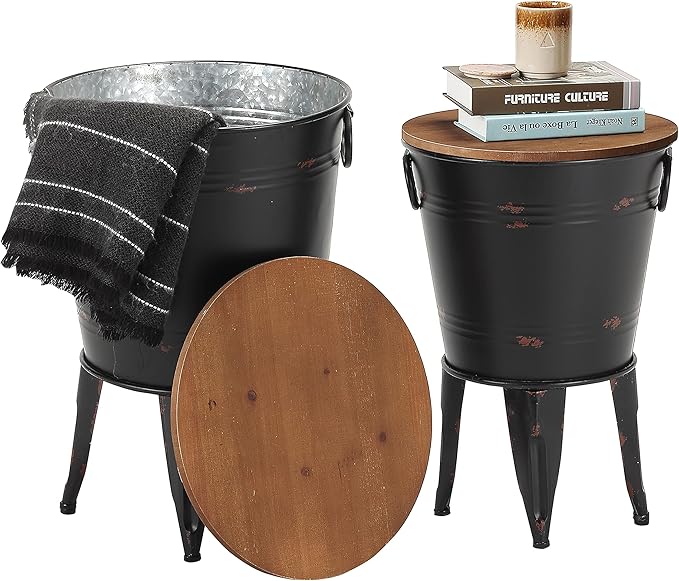 Rustic Storage Farmhouse Accent Side Table, Antique Galvanized Metal End Coffee Cocktail Table Box Bin with Round Wooden Lid Set of 2 (Black)-Ruum Studio Home
