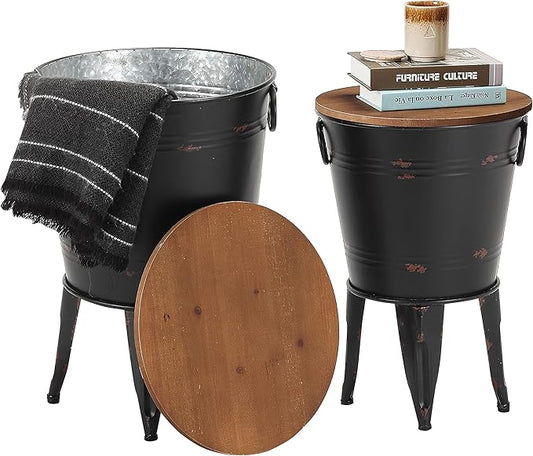 Rustic Storage Farmhouse Accent Side Table, Antique Galvanized Metal End Coffee Cocktail Table Box Bin with Round Wooden Lid Set of 2 (Black)-Ruum Studio Home