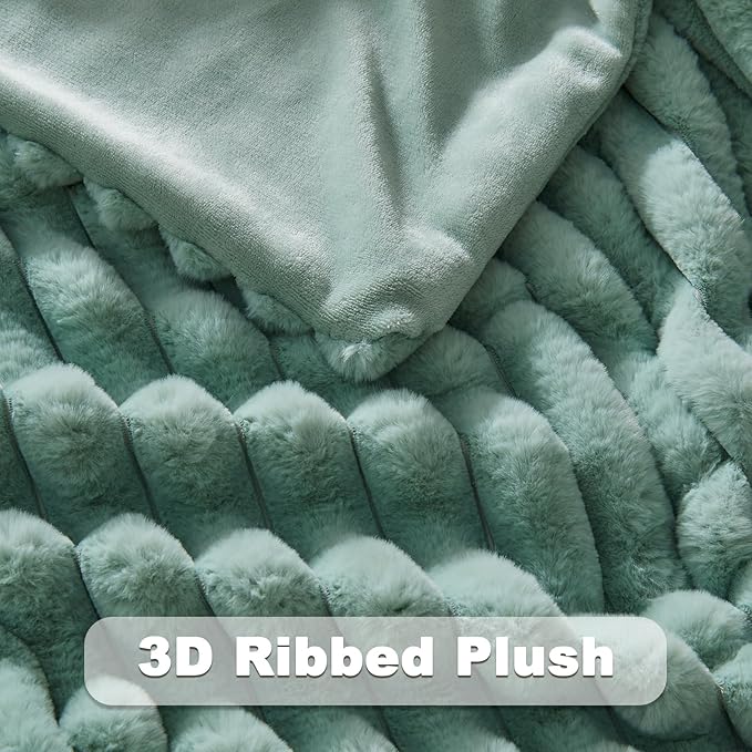 NEWCOSPLAY Faux Fur Throw Blanket New Sage Green 3D Ribbed Plush Thick Warm Blanket for Couch Sofa Bed 850GSM (New Sage Green Ribbed, Throw(50"x60"))-Ruum Studio Home