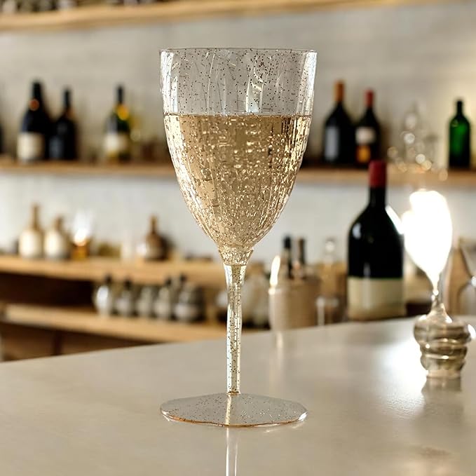 Oojami Elegant Plastic Champagne Flutes - 32 PCS, 7.8oz Disposable & Reusable Wine Glasses - Perfect for Home, Parties, Weddings, Birthdays & Celebrations (32, Gold Glitter)-Ruum Studio Home