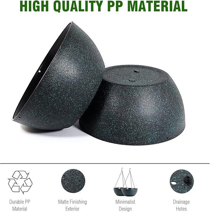 WOUSIWER 13 inch 2 Pack Large Hanging Planters for Indoor Outdoor Plants with Drainage Holes and Chain, Round Hanging Flower Pots for Garden Home Porch Decor, Black with Green Speckles-Ruum Studio Home