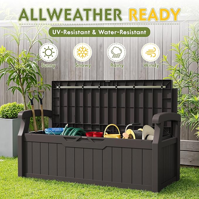 Greesum 80 Gallon Storage Bench Outdoor Deck Box with Armrest, Patio Furniture,Lockable, Waterproof and UV Resistant, Suitable for Garden, Pool, Brown-Ruum Studio Home