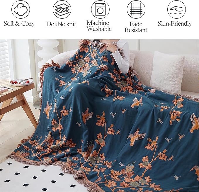 Snycler Boho Throw Blanket for Bed, 100% Organic Cotton Muslin Soft Throw-Floral Bird Farmhouse Rustic Spring Summer Fall Decor Blanket for Couch Sofa Quilt and Gift, 60" x 80" Orange-Ruum Studio Home