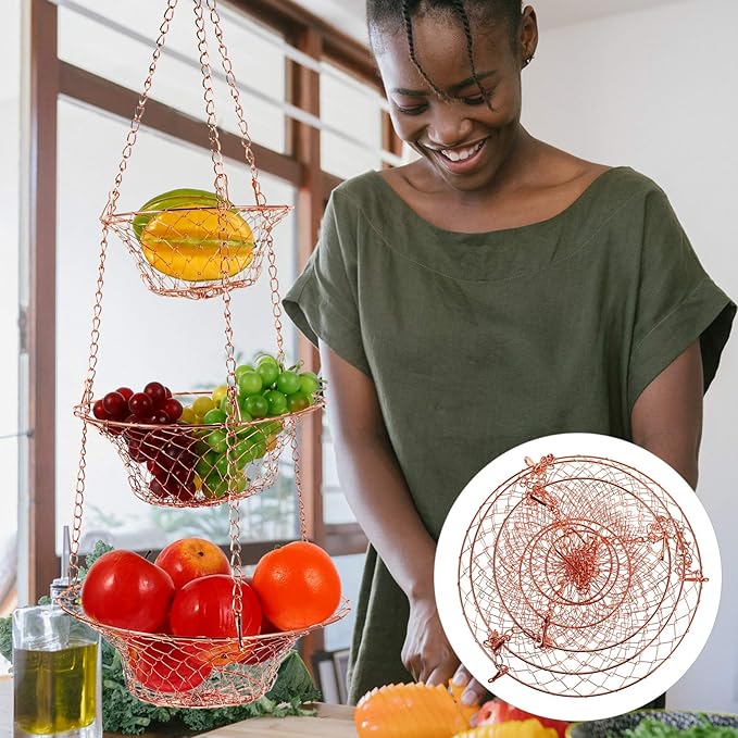 Yardwe 3 Tier Hanging Fruit Baskets Copper Wire Basket Fruit Vegetable Kitchen Storage Organizer Rustic Country Decor Round Metal Copper-Ruum Studio Home