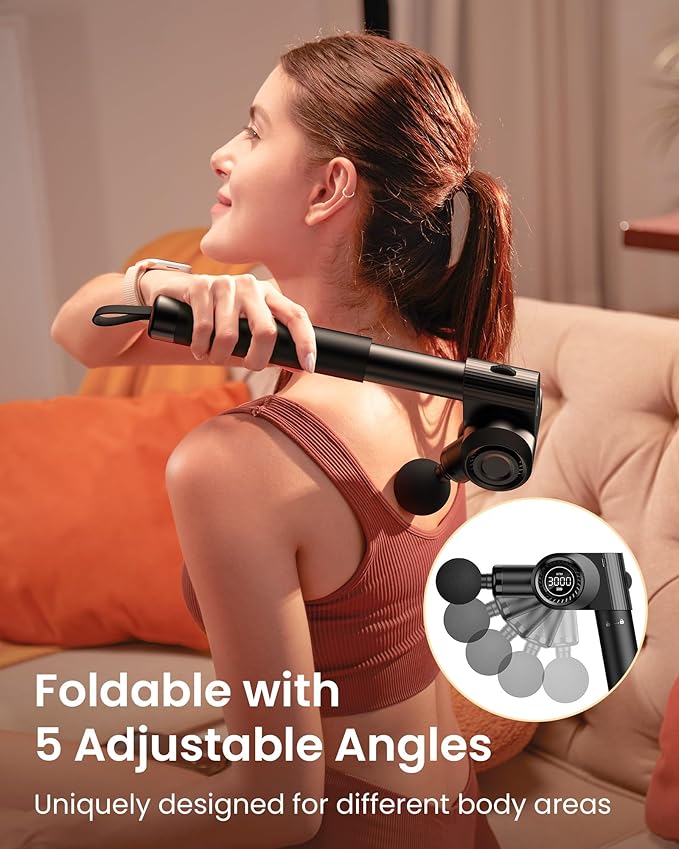 Foldable Massage Gun Deep Tissue with 5 Adjustable Angles,Portable Percussion Back Massager for Muscle/Neck/Body Pain Relief with Long Extension Metal Handle,32-Speeds,with Carry Case-Ruum Studio Home