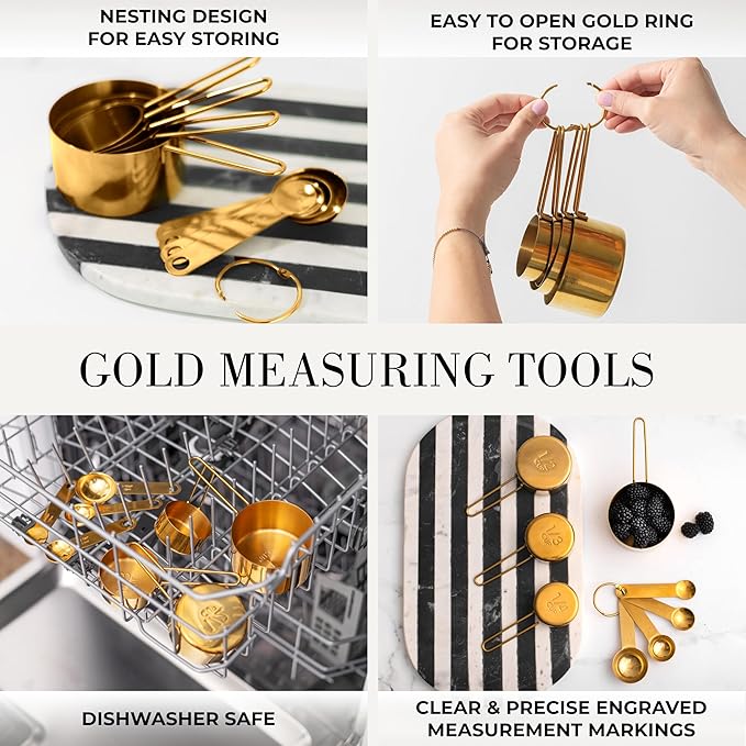 Gold Cooking Utensils with Measuring Cups and Spoons Set - 13-Piece Luxury Gold Kitchen Accessories Includes Metal Measuring Cups and Spoons for Baking, Cooking, and Elegant Kitchen Decor-Ruum Studio Home