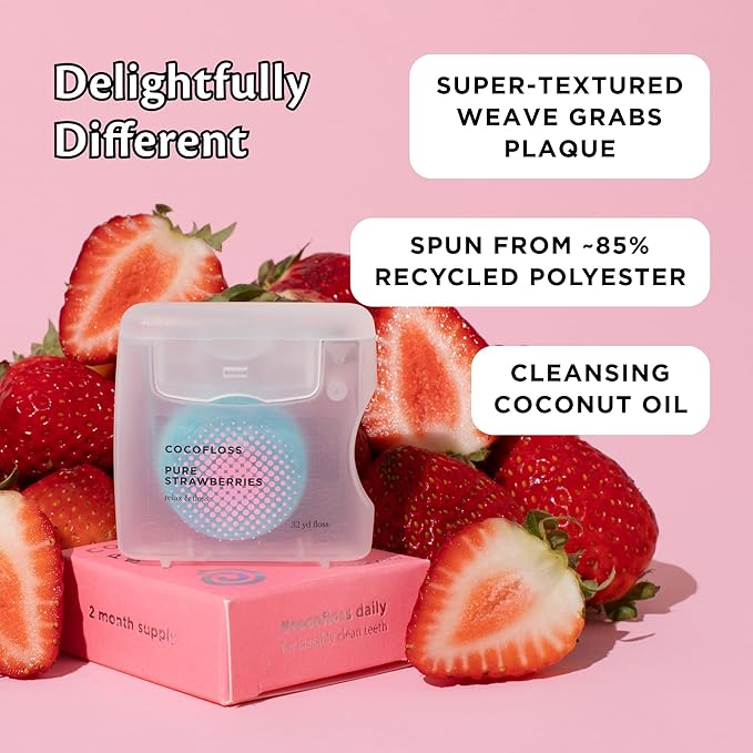 Cocofloss Woven Dental Floss, Dentist-Designed Oral Care, Strawberry Scent, Waxed, Expanding, Kid-Friendly String Floss with Coconut Oil, 4 Spools (33 yd Each)-Ruum Studio Home