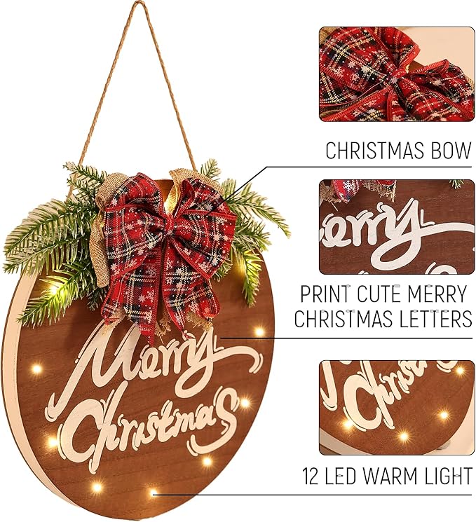 HOMCDALY Merry Christmas Sign for Front Door, Wooden Hanging Sign Door Decoration with 12 LED Light, Winter Welcome Wreath indoor outdoor Décor, Christmas Decoration.-Ruum Studio Home