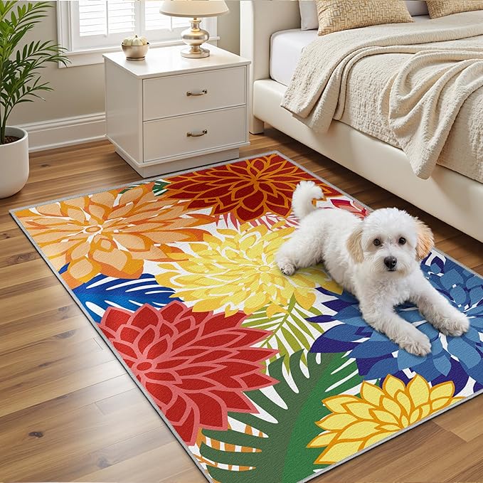 Area Rug 3x5 Washable Entry Rug Multicolored Tropical Botanical Modern Floral Indoor Kitchen Door Mat Entrance Carpet Non Slip for Bedroom Living Room, Porch-Ruum Studio Home