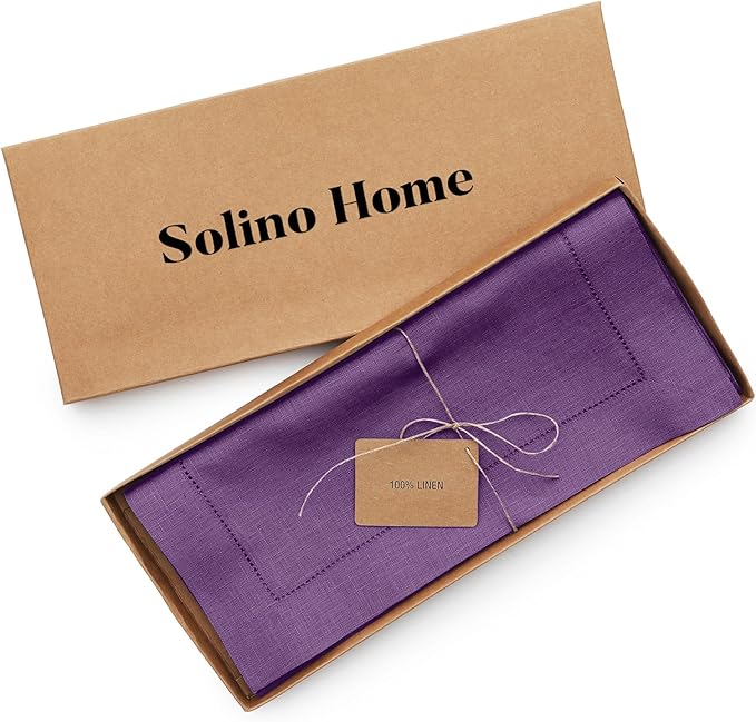 Solino Home Linen Purple Table Runner 132 Inches Long - 100% Pure Linen Extra Long Table Runner 14 x 132 Inch for Fall, Autumn, Halloween, Thanksgiving - Classic Hemstitch-Ruum Studio Home