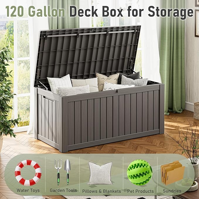 KAMABOKO Outdoor Storage Box, 120 Gallon Large Outdoor Resin Deck Box, Storage Waterproof Boxes Lockable Lid for Garden Tools, Pool Supplies, Patio Furniture and Cushions, Grey-Ruum Studio Home