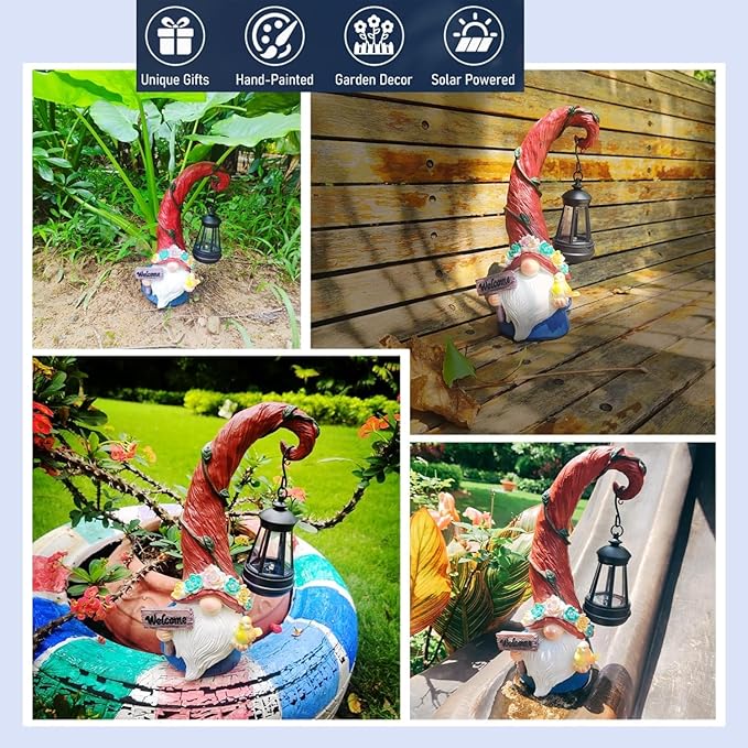 Solar Outdoor Figurine Lights Gnome Garden Decor Statue with LED Flowers & Lantern, Glowing Fairy Yard Decorations for Outside Patio Yard Front Porch, Housewarming Home Decor Gifts Thanksgiving-Ruum Studio Home