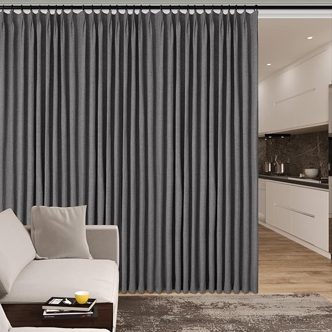 70" W x 108" L Faux Linen Room Divider Curtains, Full Blackout Pinch Pleated Drapes for Traverse Rod, Bedroom Divider Privacy Drapery with Hooks for Ceiling Track, 1 Panel, Natural Grey-Ruum Studio Home
