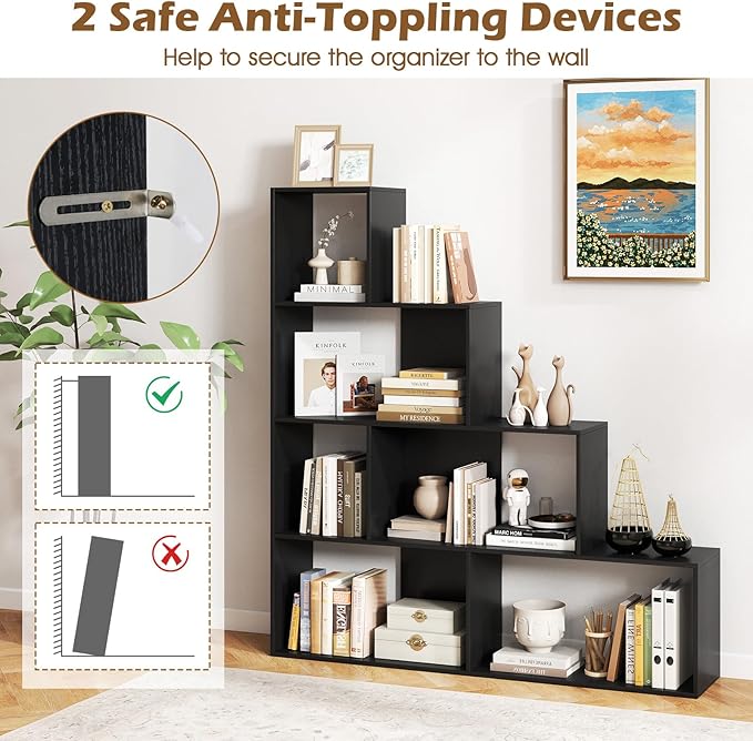 Tangkula 4-Tier Stepped Bookshelf, Freestanding 6 Cubes Ladder Bookcase with Anti-Tipping Kits, 64" Tall Modern Wooden Storage Display Rack for Home Office Living Room Study (2, Black)-Ruum Studio Home