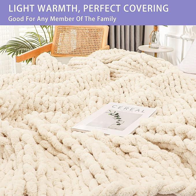 Bigacogo Chunky Knit Throw Blanket for Couch, 51x63 inches, 100% Hand Knitted with Thick Jumbo Chenille Yarn, Cozy Soft Large Rope Knot Cable Crochet Blankets for Sofa Bed Living Room, Beige-Ruum Studio Home