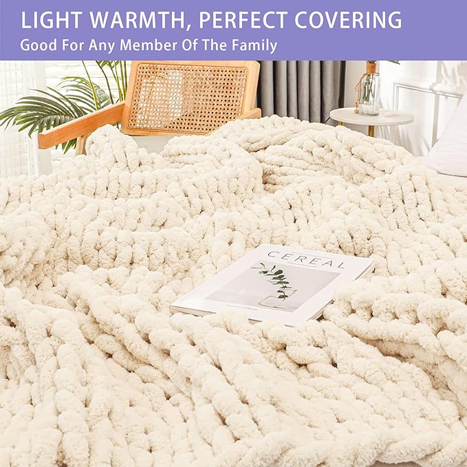 Bigacogo Chunky Knit Throw Blanket for Couch, 40x60 inches, 100% Hand Knitted with Thick Jumbo Chenille Yarn, Cozy Soft Large Rope Knot Cable Crochet Blankets for Sofa Bed Living Room, Beige-Ruum Studio Home