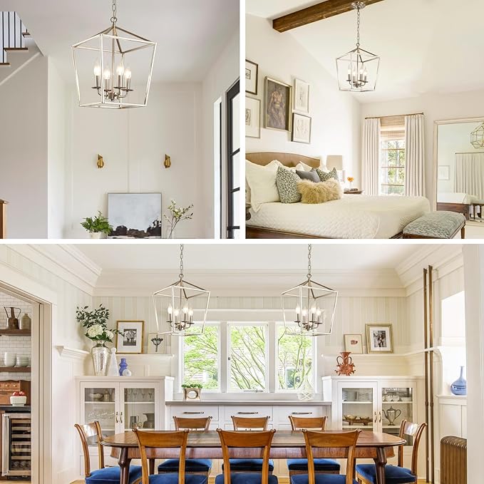 4-Light Brushed Nickel Farmhouse Chandelier, 12" Industrial Ceiling Light Lantern Pendant Light with Metal Cage Adjustable Height Rustic Hanging Light E12 Base for Kitchen Island Dining Room Entryway-Ruum Studio Home