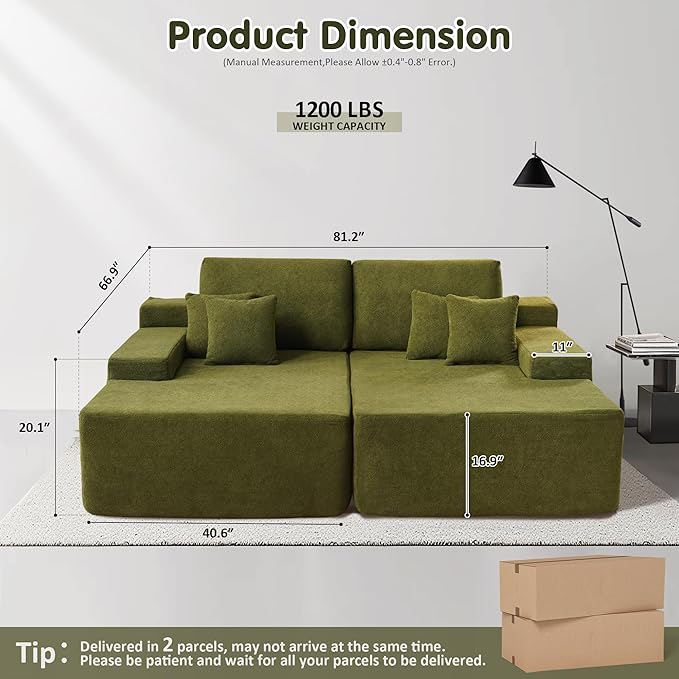 ovios 81" Oversized Sectional Double Lounge Chaise with Cloud Plush Sofa Bed, No Assembly Required, Fluffy Modern Sleeper Loveseat Chair for Indoor Living Room Bedroom Reading, Green (Cloud Velvet)-Ruum Studio Home
