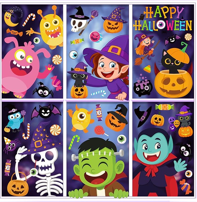 Halloween Window Clings - 9 Sheets 82 Pcs Cute Happy Halloween Window Decorations Indoor for Home Eyes Party Ghost Cat Bat Witch Stickers for Glass Double-Sided Removable Static Glass Decals-Ruum Studio Home