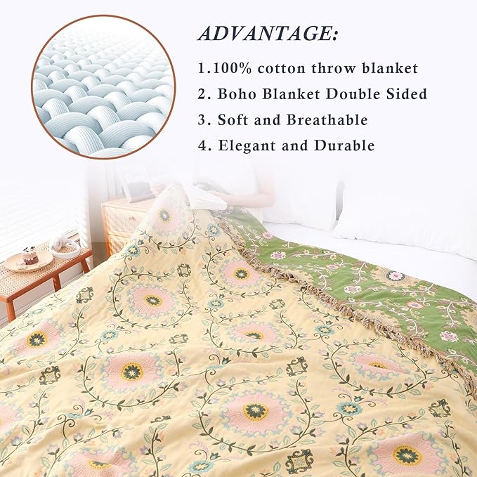 Snycler Boho Throw Blanket 60"x80" - 100% Cotton Ultra Soft Rustic Quilt, Green Floral Printed Farmhouse Decor for Bed, Sofa, Couch, Chair - All Season Cozy Blanket-Ruum Studio Home