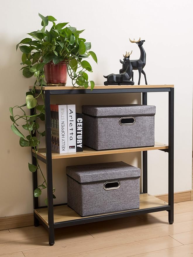 PRANDOM Foldable Storage Boxes with Lids [3-Pack] Linen Fabric Collapsible Storage Bins Organizer Containers Baskets Cube with Cover for Home Bedroom Closet Office Nursery (14.9x9.8x9.8)-Ruum Studio Home