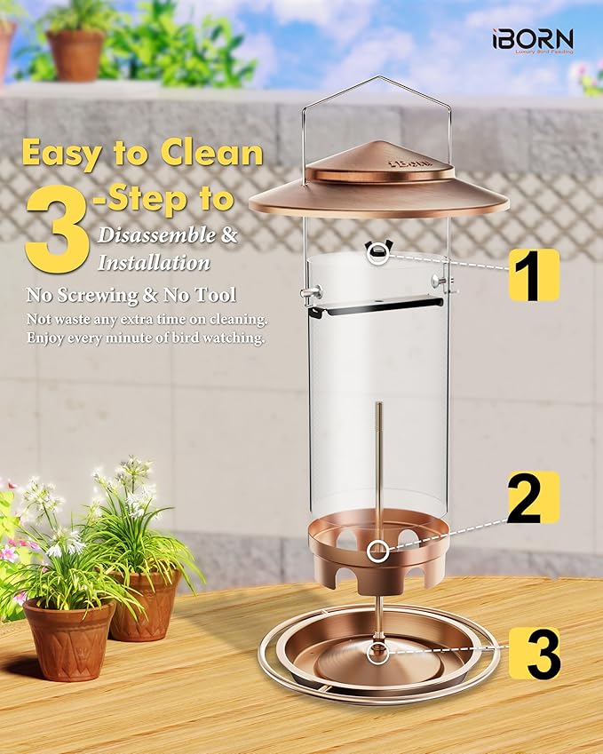 iBorn Bird Feeders for Outdoors Hanging,Metal Bird Feeders for Cardinal Chew Proof 18cm Large Roof&Tray Birdfeeders Outside Hanging,Brushed Copper 6 Port (Seed is not Included)-Ruum Studio Home