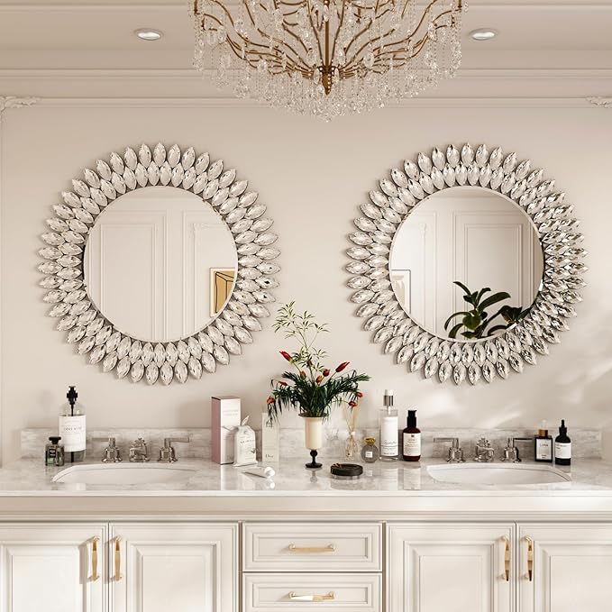 Kelly Miller Round Jeweled Mirror for Wall Decor, 26 in Modern Decorative Wall Mirror with Luxury Diamonds Beveled Vanity Mirror for Bedroom Dresser, Living Room Table, Bathroom, Hallway, Entryway-Ruum Studio Home