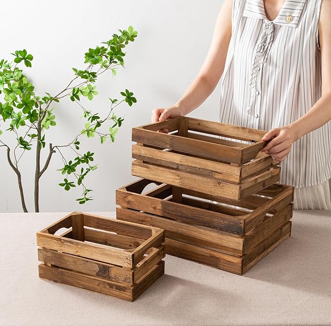 Set of 3 Nesting Wooden Crates, Rustic Wooden Storage Container Boxes with Cutout Handles, Decorative Farmhouse Wood Baskets for Display (Natural)-Ruum Studio Home