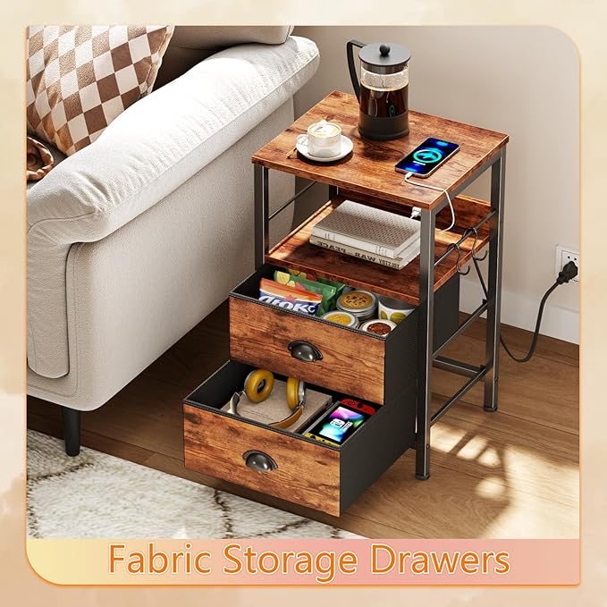 Furologee End Table with Charging Station, Nightstand with Fabric Drawers, Side Table with USB Ports & Outlets, Night Stand with Storage Shelf & Hooks, for Living Room/Bedroom, Rustic Brown-Ruum Studio Home