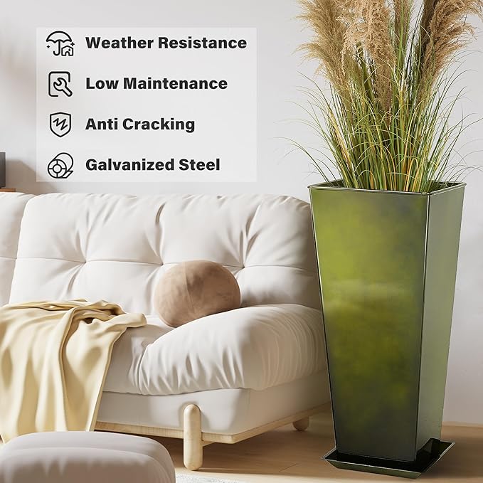 KOL Galvanized Steel Planter 25''H. with Saucer, Bright Glazed Planter with Drainage Hole, Set of 2, Tall Pots for Indoor & Outdoor Use, Decorative Flower Plant Pots for Porch, Patio, Deck - Green-Ruum Studio Home