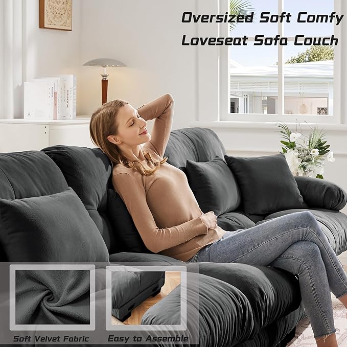 Loveseat Modular Sectional Sofa, Cloud Couch 2 Seater Sectional Couch Home Sofa Living Room Oversized Couch, Modern Deep Seat Couch with Chaise with Round Bolster Armrests 4 Pillows(Gray)-Ruum Studio Home