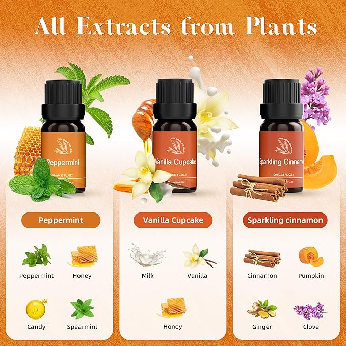 ASAKUKI Essential Oils for Diffusers for Home, Fragrance Oil for Candle Making, Peppermint, Vanilla Cupcake, Sparkling Cinnamon, Spiced Pumpkin, Christmas Wreath and Apple Cinnamon 6 x 10 ml-Ruum Studio Home