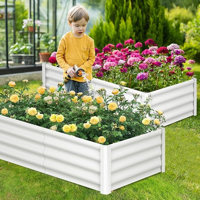 6x3x1ft Large Outdoor Planter Boxes Kit Set of 2, Galvanized Raised Bed Planter with Open-Ended Base Design, Elevated for Outdoor Plants, Durable Raised Bed for Gardening,Beige-Ruum Studio Home