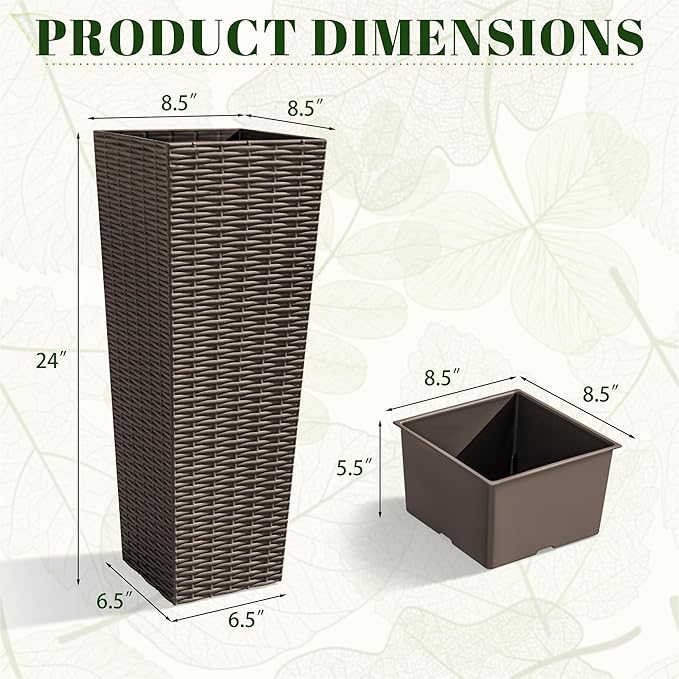 JUMMICO Set of 2 Resin Rattan Tall Planters for Outdoor Plants, Large Tapered Planters with Drainage Holes&Inner Trays, Flower Pots for Garden, Patio, Porch, Backyard (Brown, 24'')-Ruum Studio Home