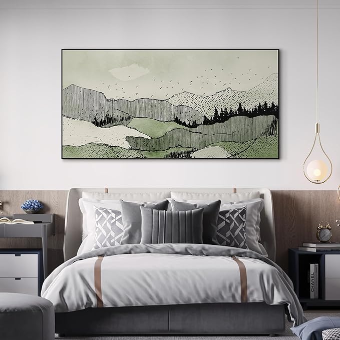 SIGNWIN 36"x72" Extra Large Framed Wall Art Green Line Art Mountain Landscape Illustration for Home Living Room Bedroom Decor (Frame Assembly Required)-Ruum Studio Home