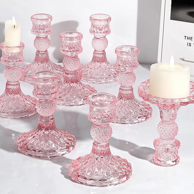 12Pcs Pink Candlestick Holders Set- 4" H Taper Candle Holders Bulk, Glass Candle Holders for Wedding, Party, Romantic Dinner Table Centerpieces, Festival Gifts & Windowsill Decor-Ruum Studio Home