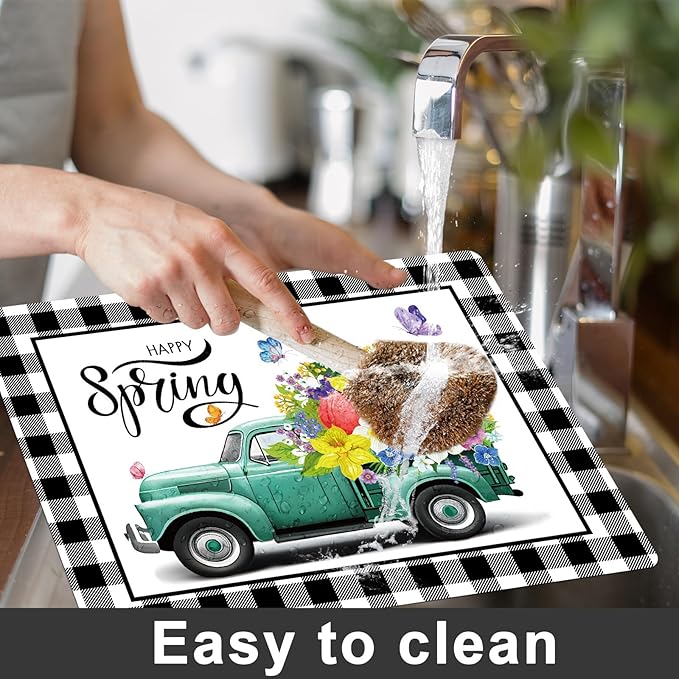 Happy Spring Placemats Set of 6 Easter Plastic Table Mats Spring Placemats Seasonal Place Mats Rustic Vintage Flowers Table Decoration for Indoor Outdoor Party Kitchen Dining-Ruum Studio Home