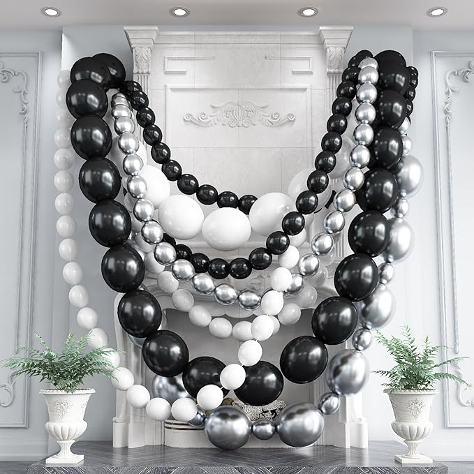 Black White and Gold Linking Balloons, 90PCS Black Gold and White Balloon Arch, Metallic Silver Quick Linked Connecting Balloon for Wedding Birthday Baby Shower Graduation New Year Party Decorations-Ruum Studio Home