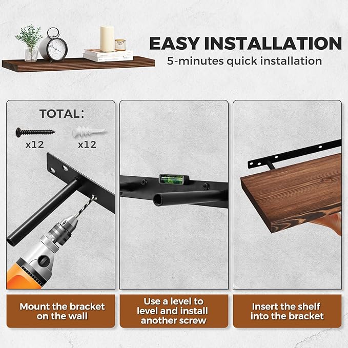 Floating Wall Shelves - 16"x6.8"x1.2" Sturdy Rustic Brown Solid Wood Shelves for Storage and Décor, Easy Installation for Living Room, Bedroom, and Kitchen - 2 Pack-Ruum Studio Home