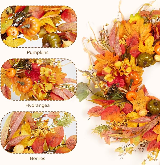 Fall Wreath for Front Door,24" Autumn Front Door Wreath Fall Decorations with Pumpkins Hydrangea Maple Leaves for Porch Window Farmhouse Halloween Thanksgiving Harvest Festival Home Decor-Ruum Studio Home