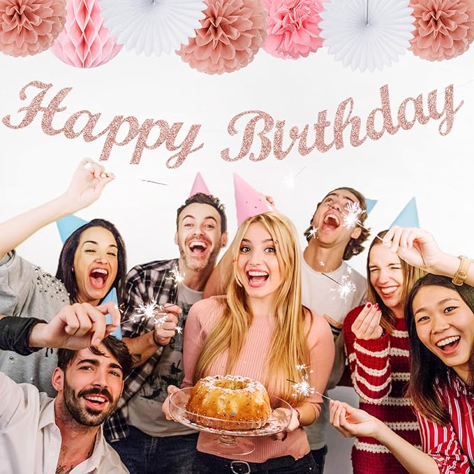 Light-Pink Rose-Gold Birthday Garland Party-Decorations - 14pcs Happy Banner Women Paper Flowers Lanterns Tissue Pom Poms,Streamers Fans Honeycomb Girls Adult Women Kids Hanging Supplies Decor Hugfond-Ruum Studio Home