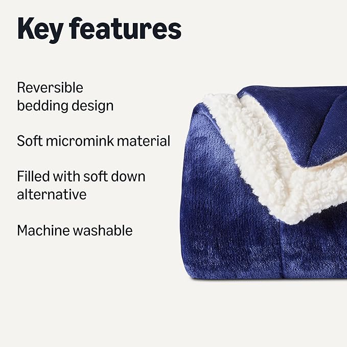 Amazon Basics Reversible Sherpa Throw Blanket, Navy, 50"x60"-Ruum Studio Home