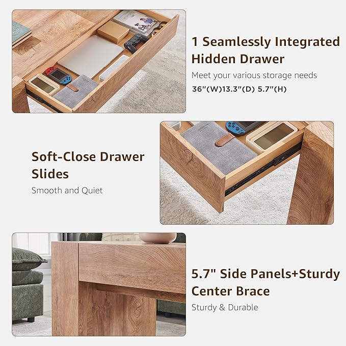 OKD 48" Modern Farmhouse Coffee Table, Wooden Living Room Table with Hidden Storage Drawer, Rustic Rectangular Center Tables w/Wood Thick Design for Living Room, Office, Light Knotty Wood-Ruum Studio Home