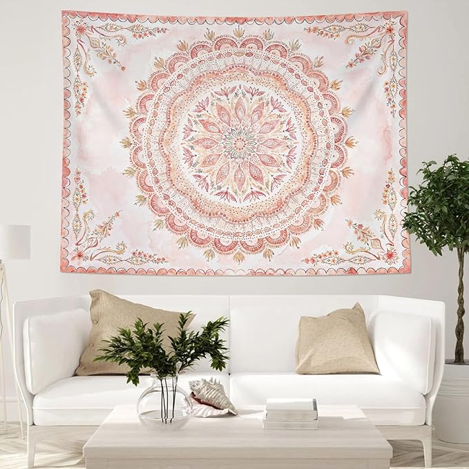 Fowocu Boho Floral Mandala Tapestry Wall Hanging Pink Bohemian Flower Medallion Tapestry Aesthetic Watercolor Hippie Indian Small Tapestries for Bedroom Living Room Dorm Decor 60 x 44 Inch-Ruum Studio Home