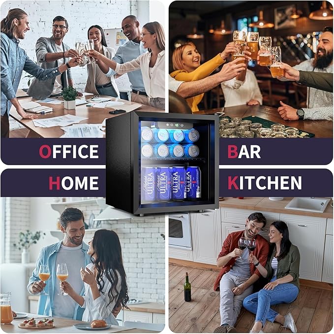 48 Can Beverage Refrigerator Cooler, Mini Fridge Glass Door with Adjustable Shelves, Freestanding Beverage Fridge with Blue LED for Home/Office/Dorm/Bar, 1.3 Cu.ft-Ruum Studio Home