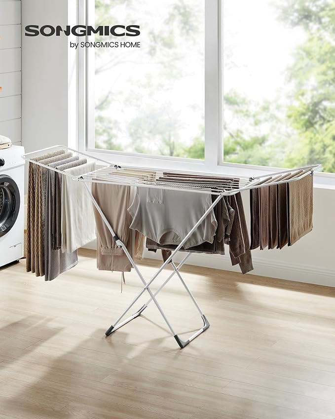 SONGMICS Clothes Drying Rack, Metal Laundry Drying Rack, Foldable, Space-Saving, Free-Standing Airer, with 2 Gullwings, Indoor Outdoor Use, Bed Linen Clothing, White ULLR540W01-Ruum Studio Home